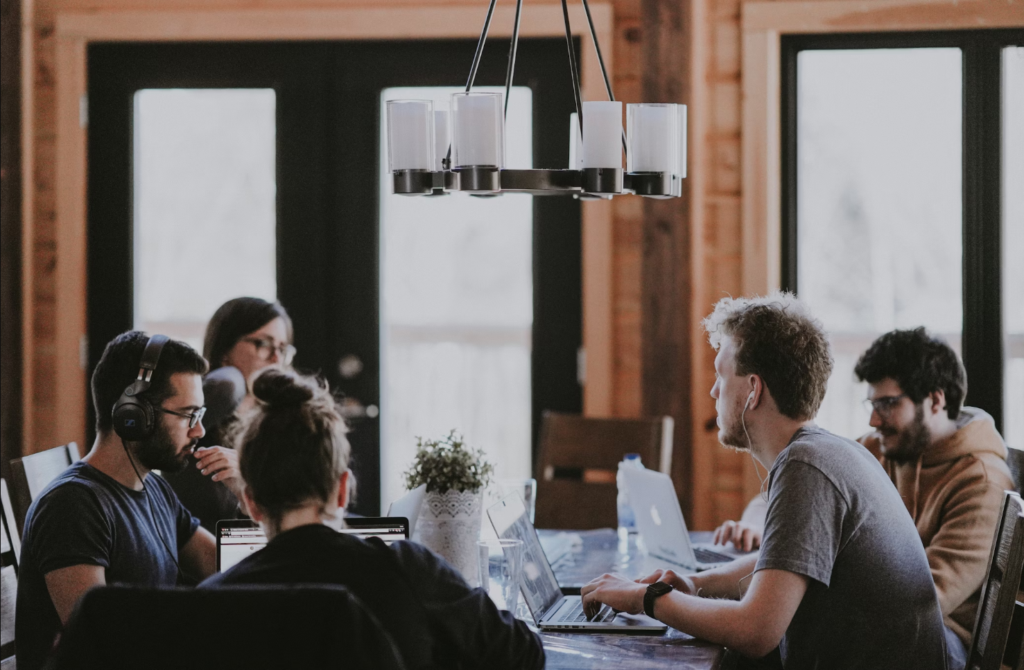 A team of professionals collaborating in a modern office